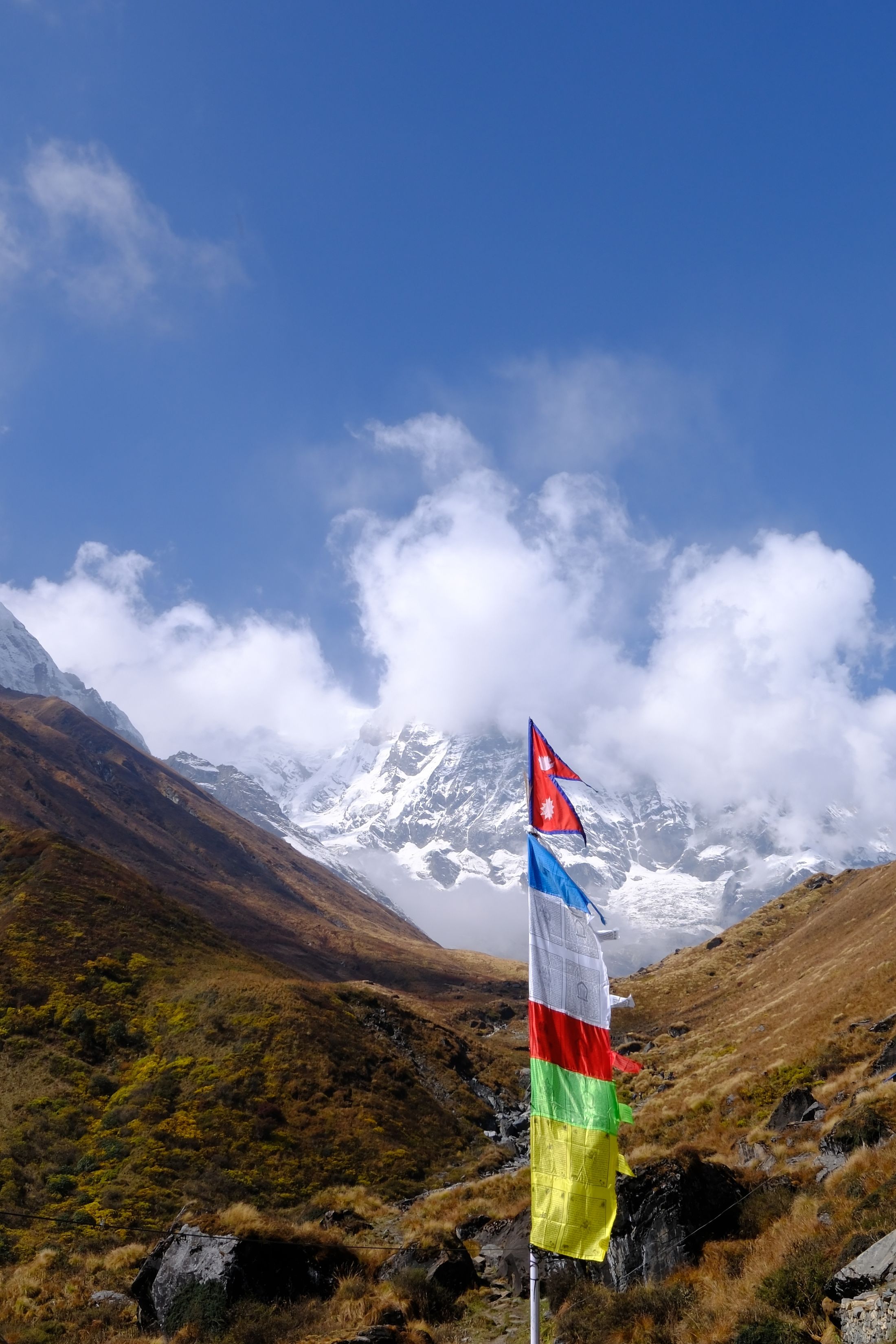 Prayer flags and snow mountains in a Himalayan valley